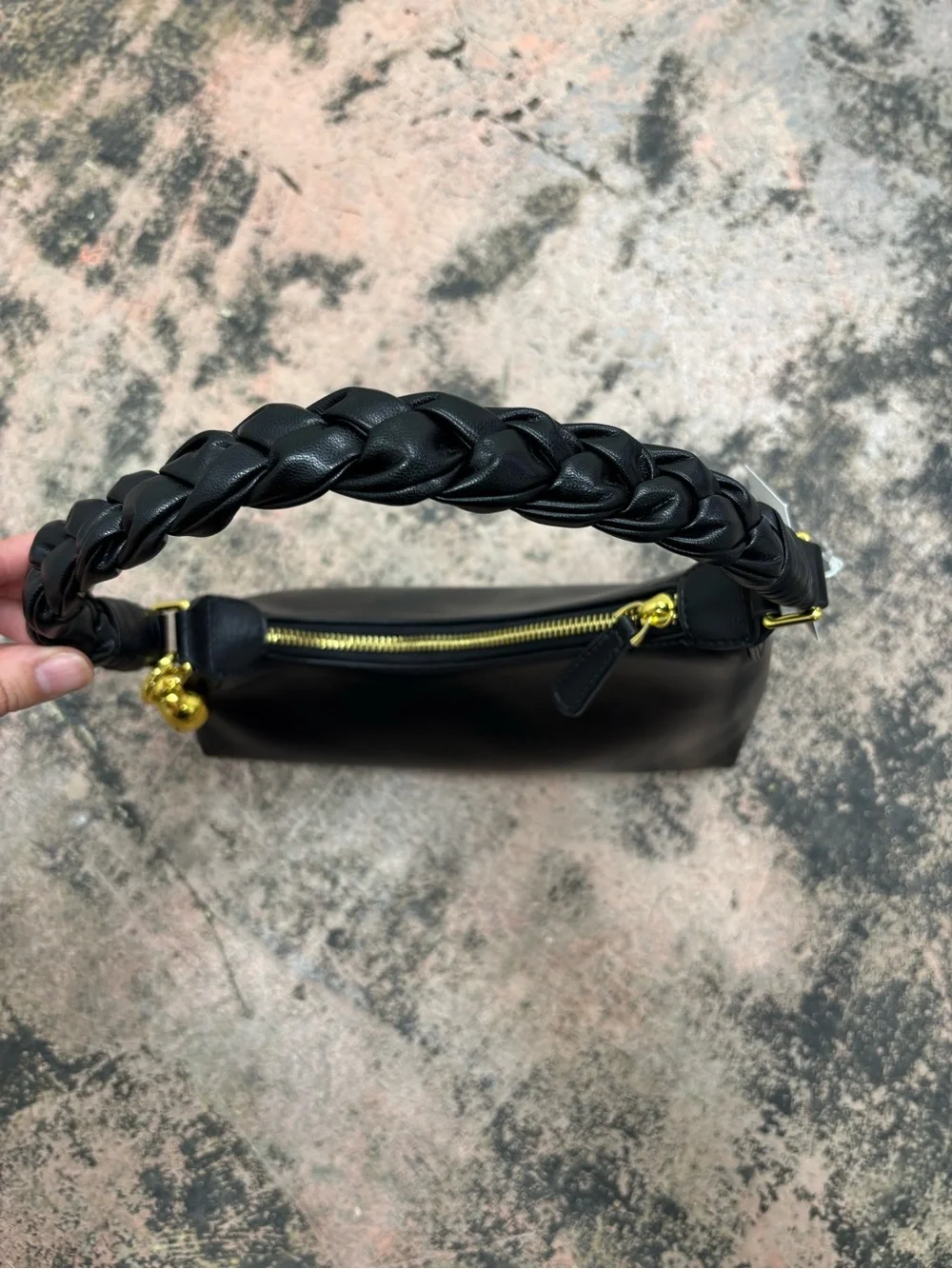 Aupen Nirvana Black Braided-Handle Shoulder Bag with Gold Accents